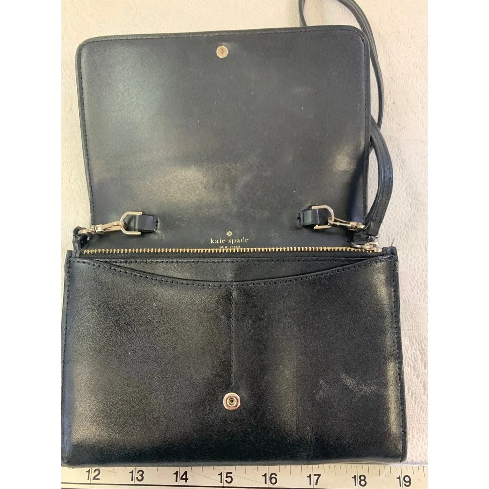 Kate Spade New York Black Leather Kerri Crossbody Wallet Clutch Bag Gold Logo